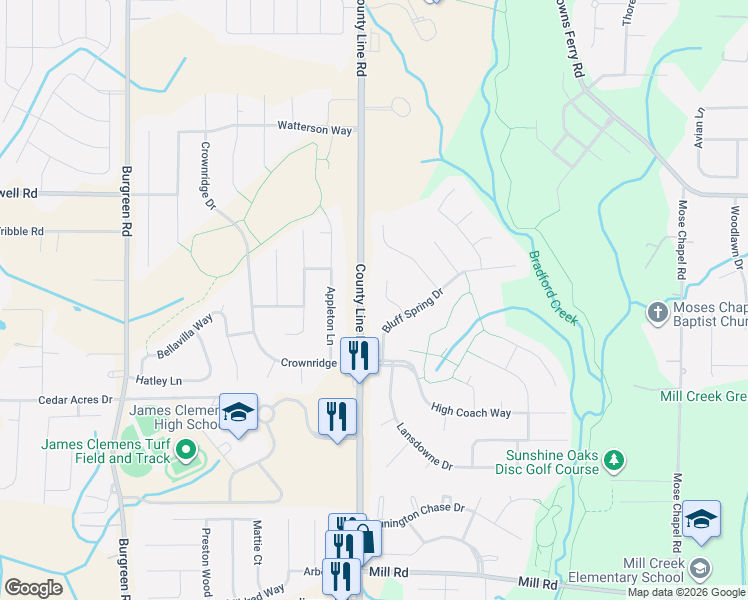 map of restaurants, bars, coffee shops, grocery stores, and more near 107 Bluff Spring Drive in Madison