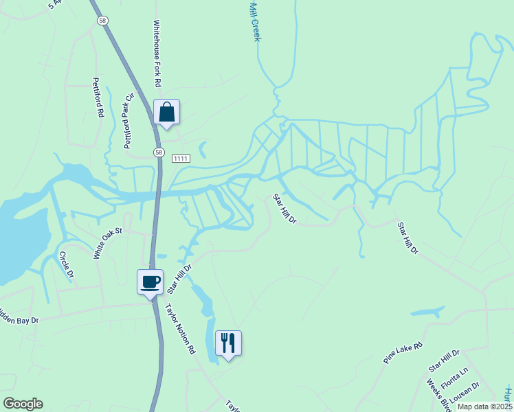map of restaurants, bars, coffee shops, grocery stores, and more near 101 Middle Court in Cape Carteret