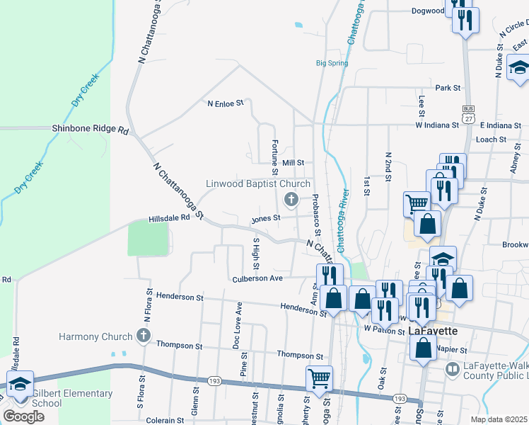 map of restaurants, bars, coffee shops, grocery stores, and more near 3 North High Street in LaFayette