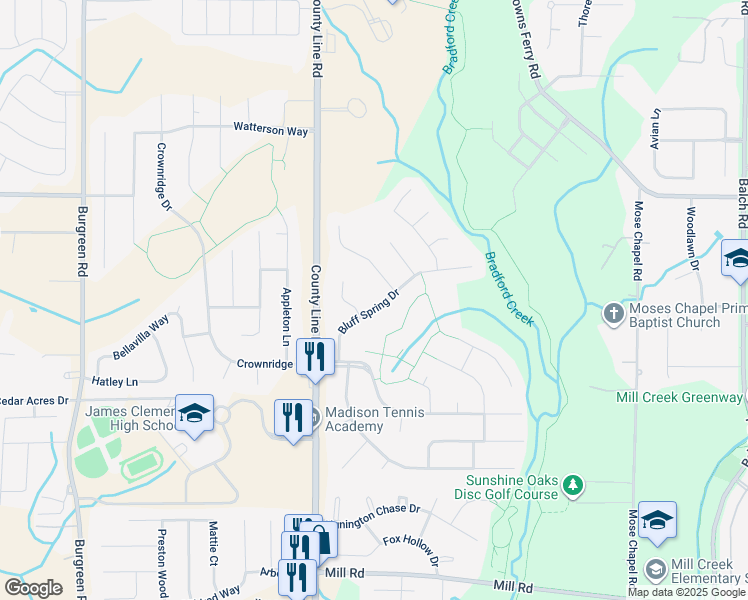 map of restaurants, bars, coffee shops, grocery stores, and more near 110 Bluff Spring Drive in Madison