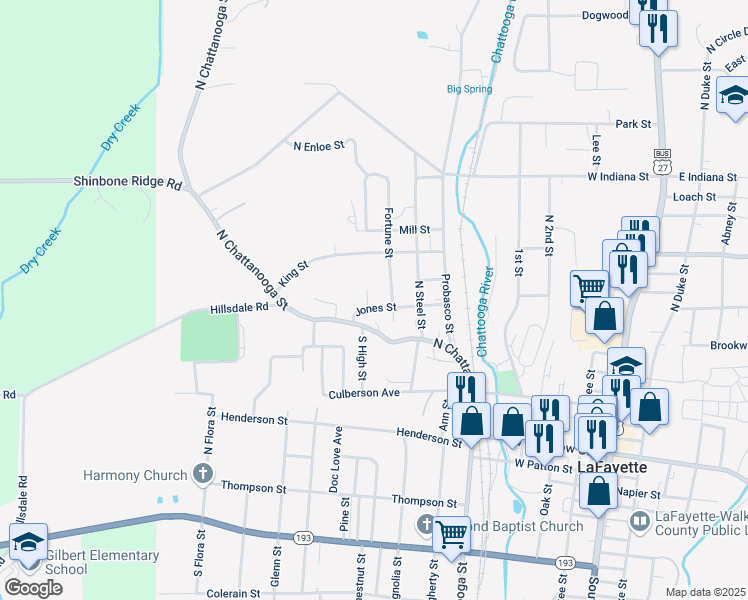 map of restaurants, bars, coffee shops, grocery stores, and more near 3 North High Street in LaFayette