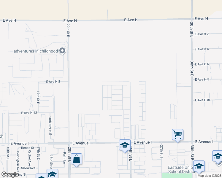 map of restaurants, bars, coffee shops, grocery stores, and more near 45465 25th Street East in Lancaster