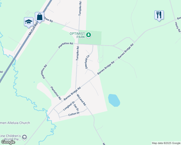 map of restaurants, bars, coffee shops, grocery stores, and more near 9420 Deerfield Circle in Laurinburg