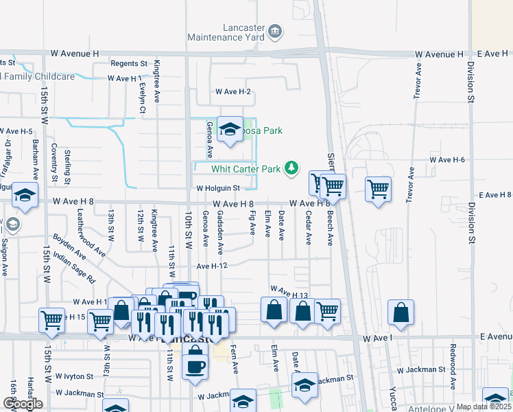 map of restaurants, bars, coffee shops, grocery stores, and more near 45521 Fig Avenue in Lancaster