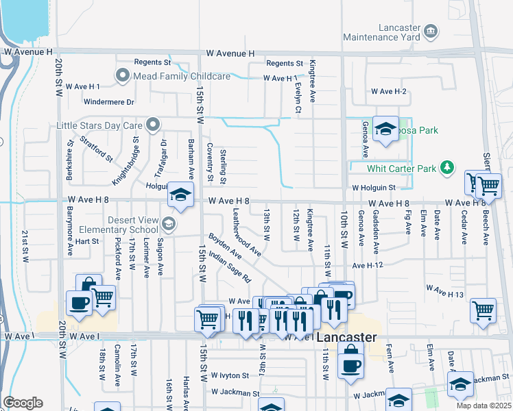 map of restaurants, bars, coffee shops, grocery stores, and more near 1312 West Avenue H8 in Lancaster