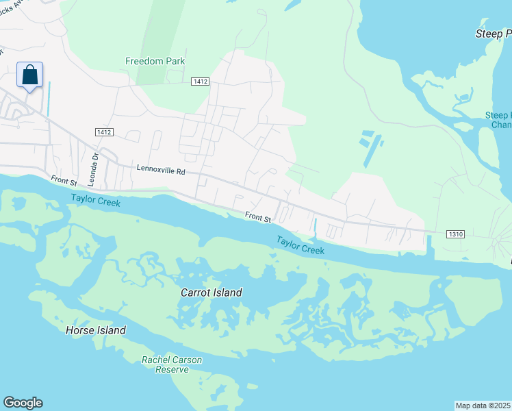 map of restaurants, bars, coffee shops, grocery stores, and more near 2501 Front Street in Beaufort