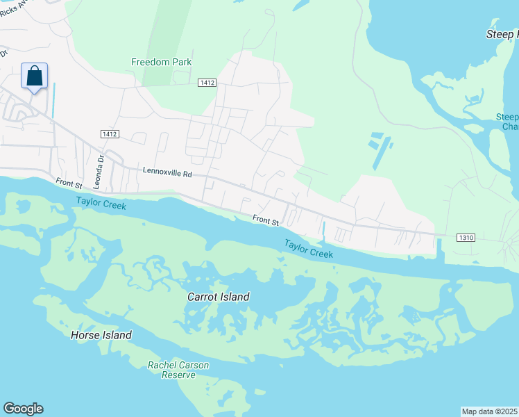 map of restaurants, bars, coffee shops, grocery stores, and more near 2501 Front Street in Beaufort