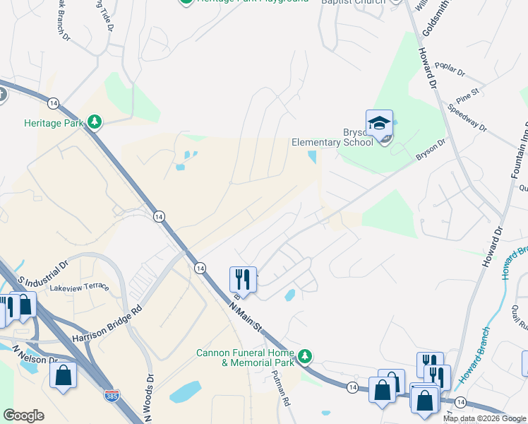 map of restaurants, bars, coffee shops, grocery stores, and more near 29 Eventide Drive in Simpsonville
