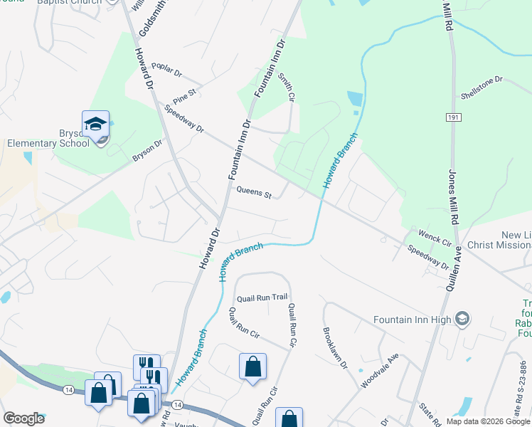 map of restaurants, bars, coffee shops, grocery stores, and more near 12 Queens Street in Fountain Inn