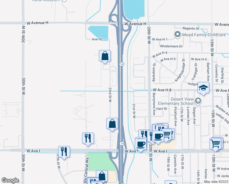 map of restaurants, bars, coffee shops, grocery stores, and more near 23 West Avenue H 8 in Lancaster