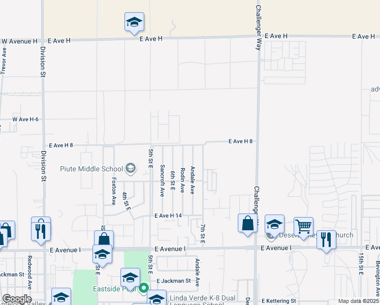map of restaurants, bars, coffee shops, grocery stores, and more near 45567 Andale Avenue in Lancaster