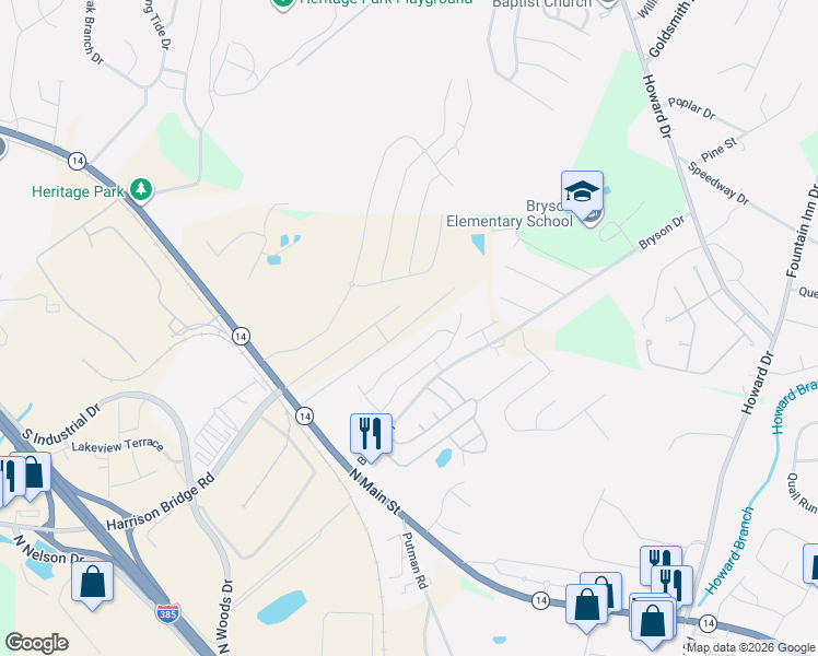 map of restaurants, bars, coffee shops, grocery stores, and more near 29 Eventide Drive in Simpsonville