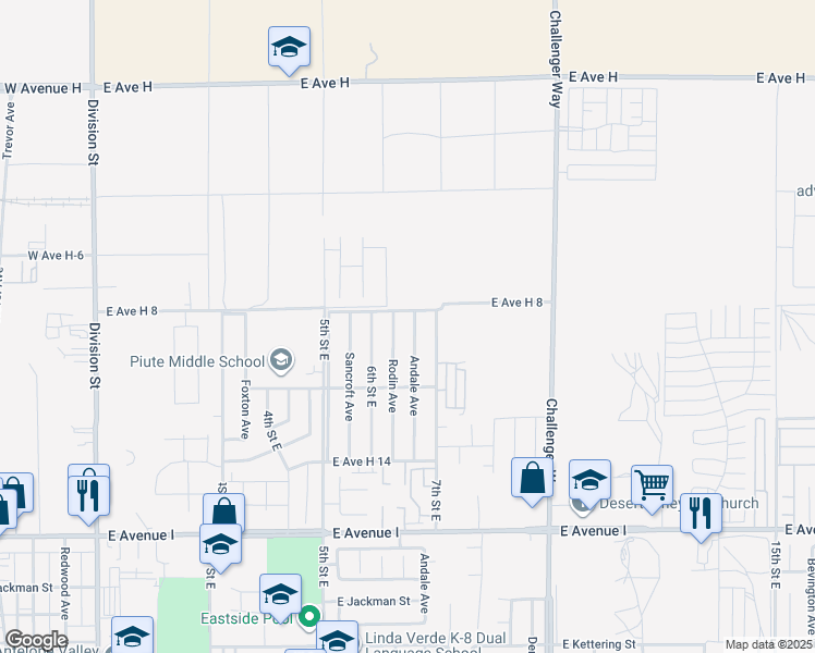 map of restaurants, bars, coffee shops, grocery stores, and more near 45567 Andale Avenue in Lancaster