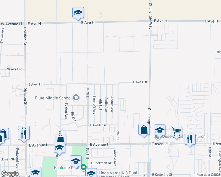 map of restaurants, bars, coffee shops, grocery stores, and more near 45567 Andale Avenue in Lancaster