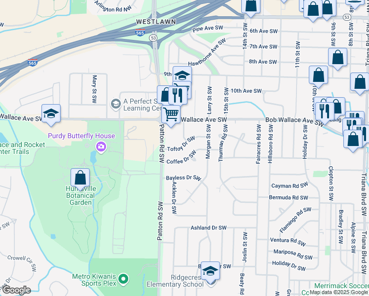 map of restaurants, bars, coffee shops, grocery stores, and more near 4205 Toftoy Drive Southwest in Huntsville