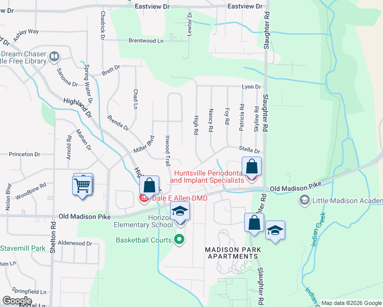 map of restaurants, bars, coffee shops, grocery stores, and more near 208 High Road in Madison