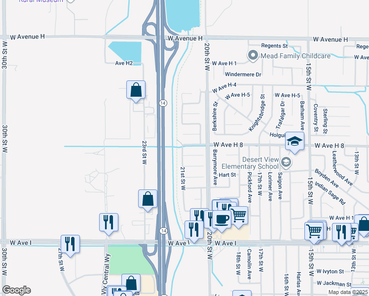map of restaurants, bars, coffee shops, grocery stores, and more near 3700 West Avenue H 8 in Lancaster