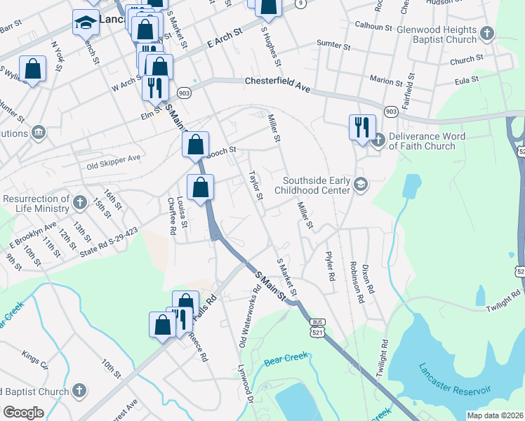 map of restaurants, bars, coffee shops, grocery stores, and more near 724 Taylor Street in Lancaster