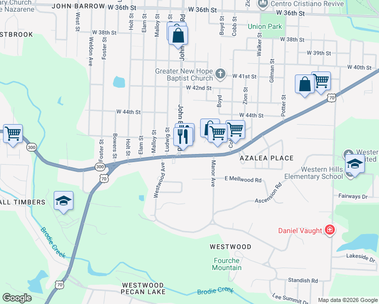 map of restaurants, bars, coffee shops, grocery stores, and more near 4601 John Barrow Road in Little Rock