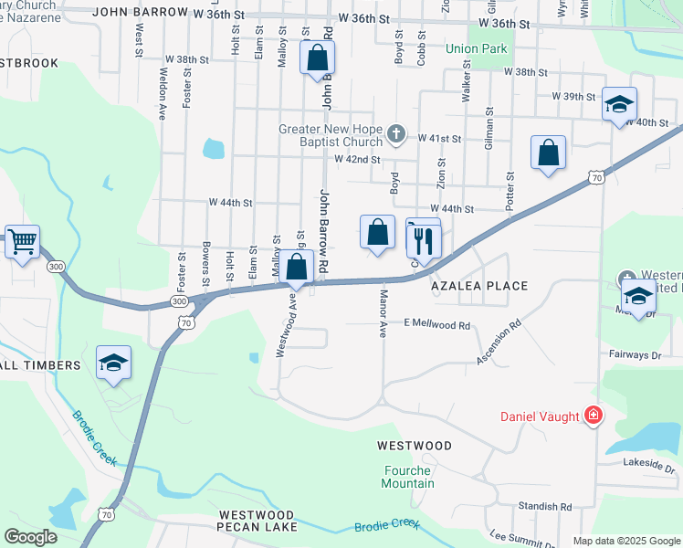 map of restaurants, bars, coffee shops, grocery stores, and more near 4601 John Barrow Road in Little Rock