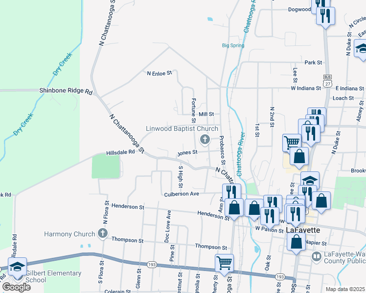 map of restaurants, bars, coffee shops, grocery stores, and more near 5 North High Street in LaFayette