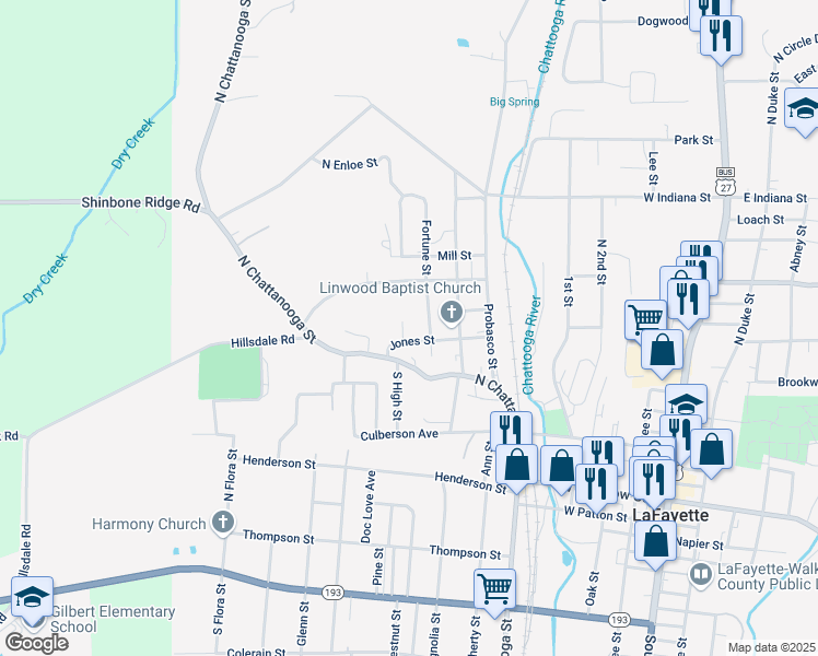 map of restaurants, bars, coffee shops, grocery stores, and more near 5 North High Street in LaFayette