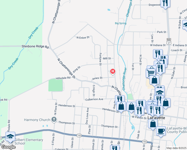 map of restaurants, bars, coffee shops, grocery stores, and more near 8 North High Street in LaFayette