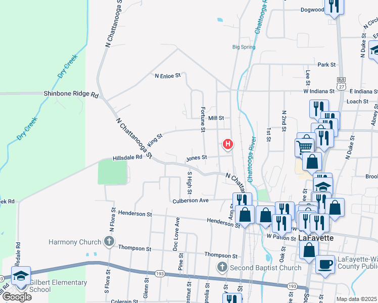 map of restaurants, bars, coffee shops, grocery stores, and more near 14 North High Street in LaFayette