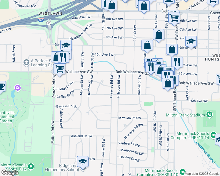 map of restaurants, bars, coffee shops, grocery stores, and more near 2710 Fairacres Road Southwest in Huntsville