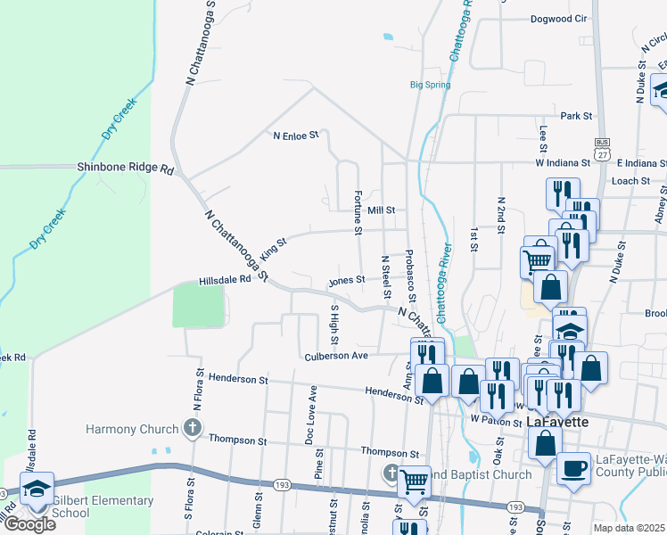 map of restaurants, bars, coffee shops, grocery stores, and more near 16 North High Street in LaFayette