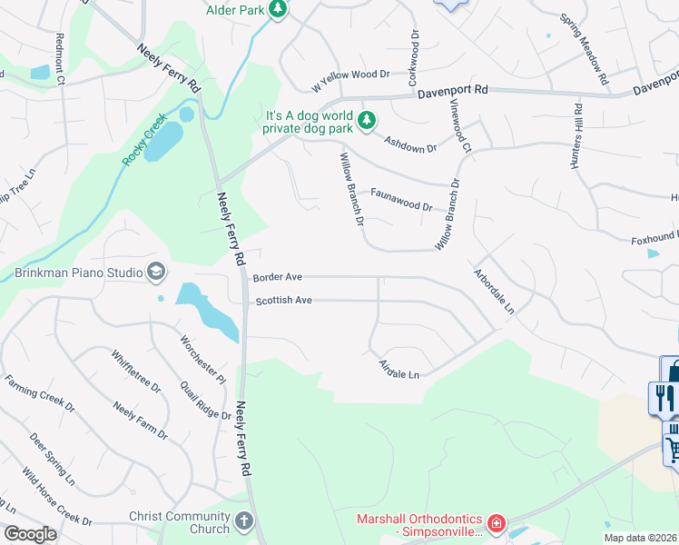 map of restaurants, bars, coffee shops, grocery stores, and more near 1529 Davenport Road in Simpsonville