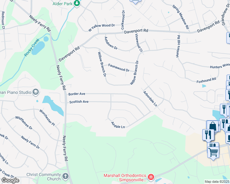 map of restaurants, bars, coffee shops, grocery stores, and more near 103 Border Avenue in Simpsonville