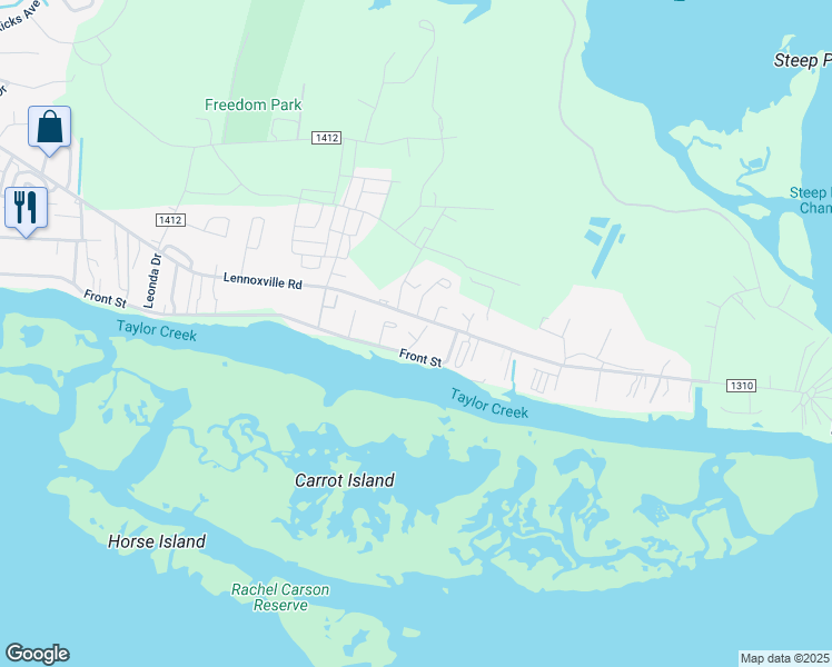 map of restaurants, bars, coffee shops, grocery stores, and more near 2411 Front Street in Beaufort
