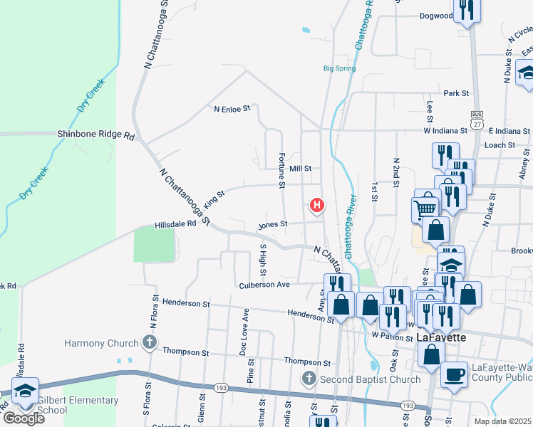 map of restaurants, bars, coffee shops, grocery stores, and more near 14 North High Street in LaFayette
