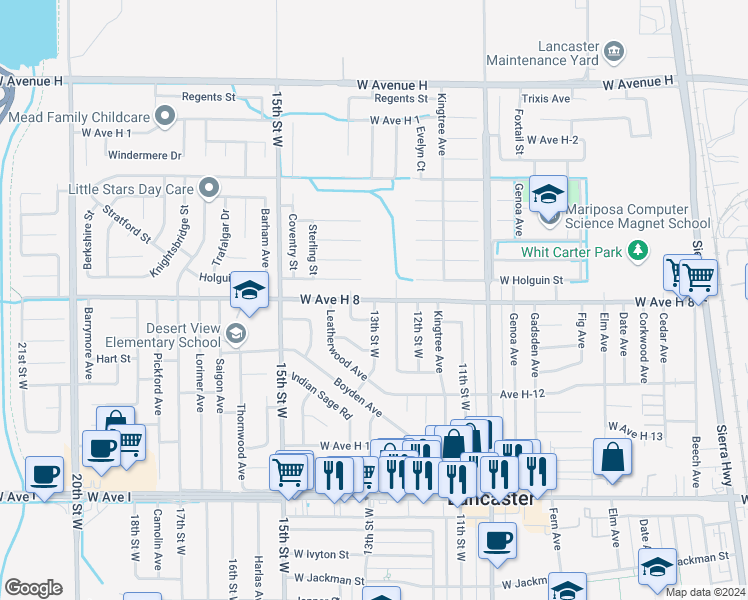 map of restaurants, bars, coffee shops, grocery stores, and more near West Avenue H 8 in Lancaster