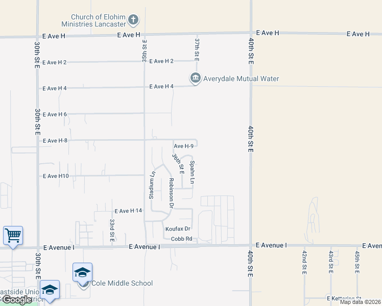 map of restaurants, bars, coffee shops, grocery stores, and more near 3649 East Avenue H10 in Lancaster