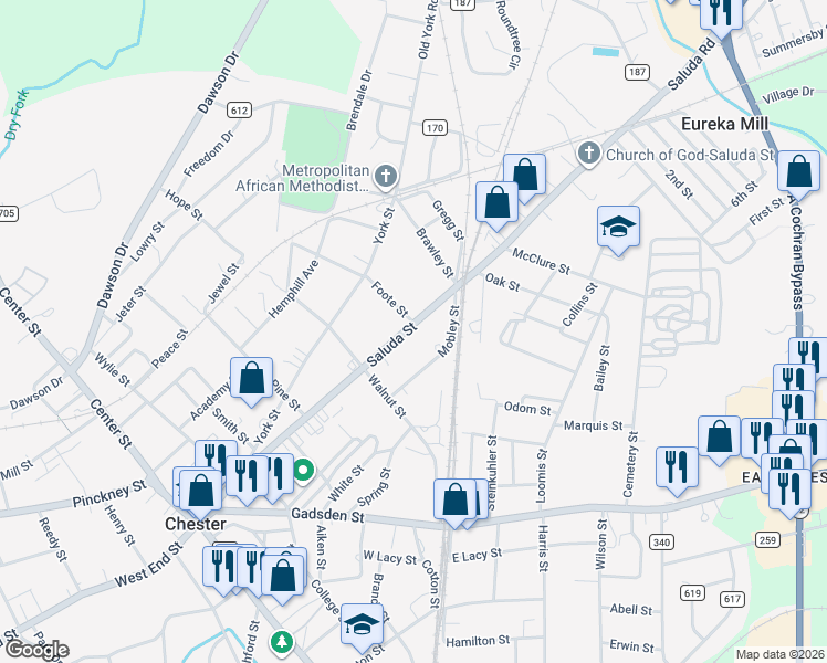 map of restaurants, bars, coffee shops, grocery stores, and more near 153 Saluda Street in Chester