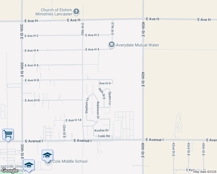 map of restaurants, bars, coffee shops, grocery stores, and more near 3649 East Avenue H10 in Lancaster