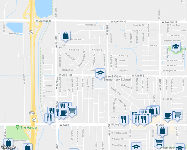 map of restaurants, bars, coffee shops, grocery stores, and more near 1575 West Avenue H-8 in Lancaster