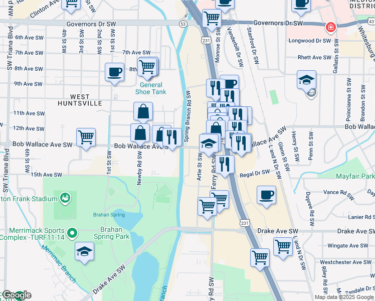 map of restaurants, bars, coffee shops, grocery stores, and more near 2220 Bob Wallace Avenue Southwest in Huntsville