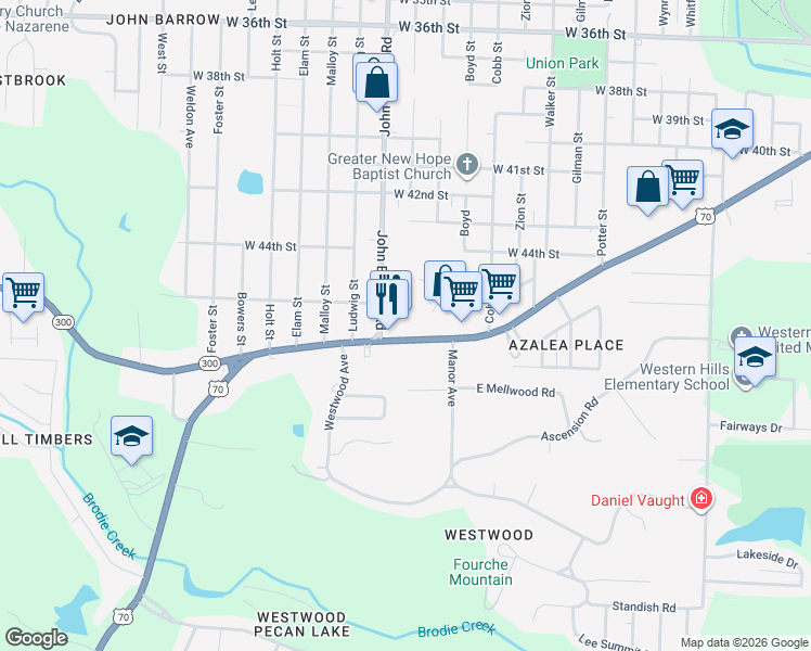 map of restaurants, bars, coffee shops, grocery stores, and more near 4601 John Barrow Road in Little Rock