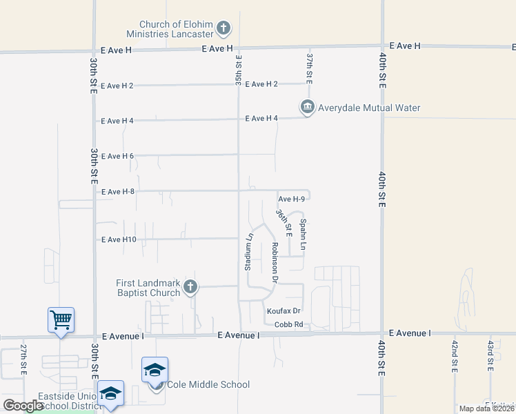 map of restaurants, bars, coffee shops, grocery stores, and more near 45553 Robinson Drive in Lancaster