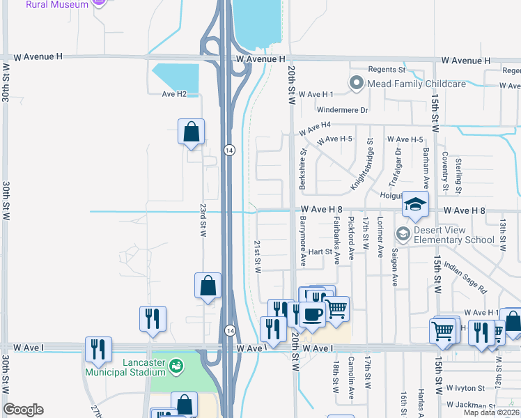 map of restaurants, bars, coffee shops, grocery stores, and more near West Avenue H 8 in Del Sur