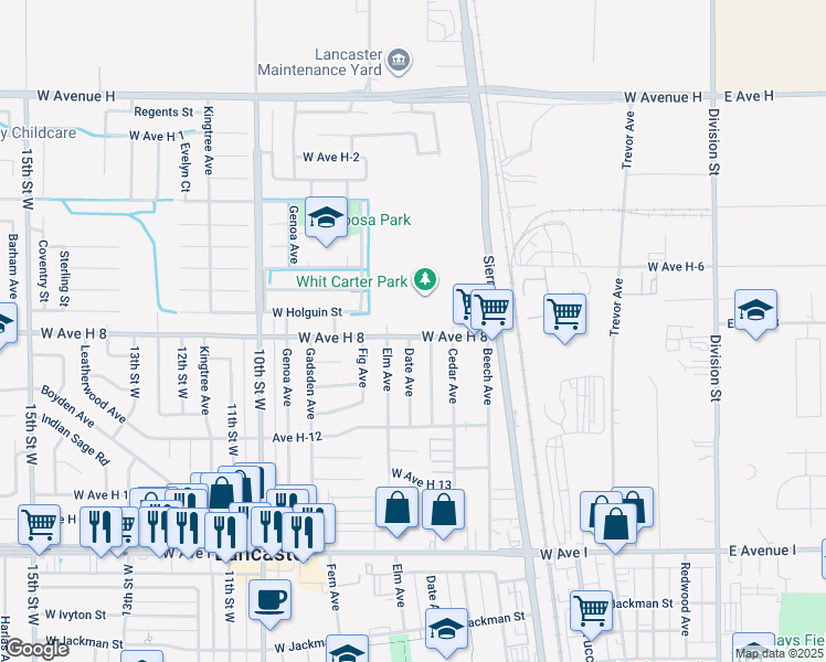 map of restaurants, bars, coffee shops, grocery stores, and more near 621 West Avenue H 8 in Lancaster