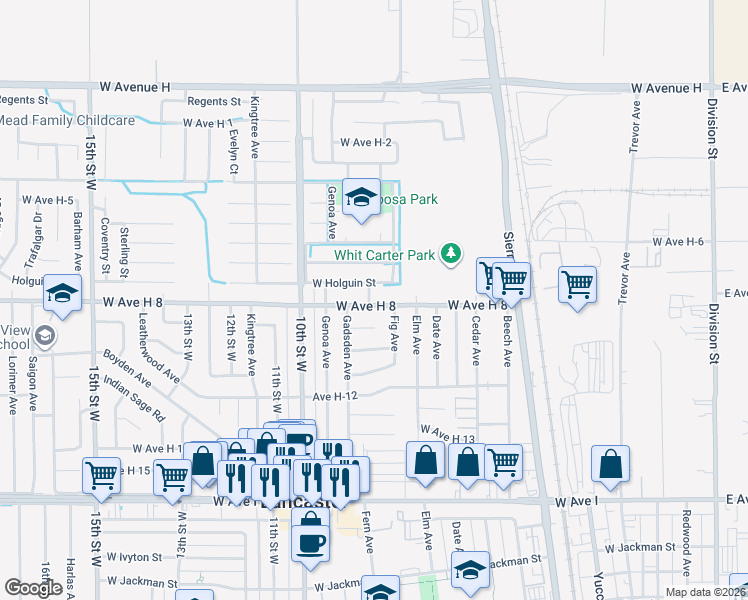 map of restaurants, bars, coffee shops, grocery stores, and more near 727 West Avenue H 8 in Lancaster