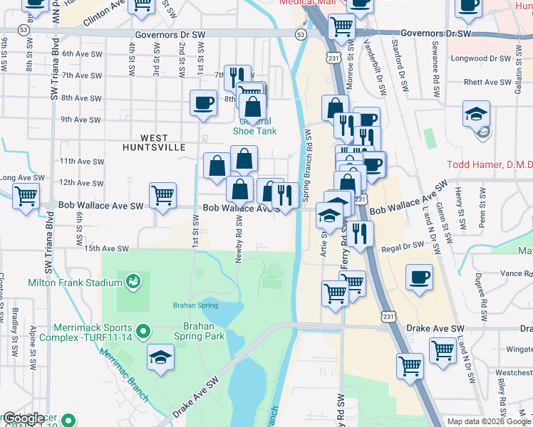 map of restaurants, bars, coffee shops, grocery stores, and more near 2321 Bob Wallace Avenue Southwest in Huntsville