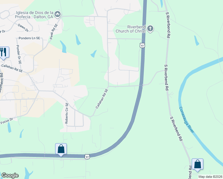 map of restaurants, bars, coffee shops, grocery stores, and more near 1173 Cavender Road Southeast in Dalton
