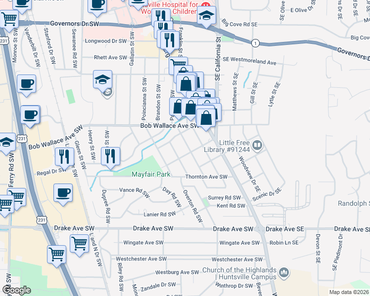 map of restaurants, bars, coffee shops, grocery stores, and more near 2504 Pansy Street Southwest in Huntsville