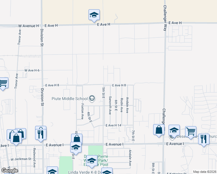 map of restaurants, bars, coffee shops, grocery stores, and more near 45581 Sancroft Avenue in Lancaster