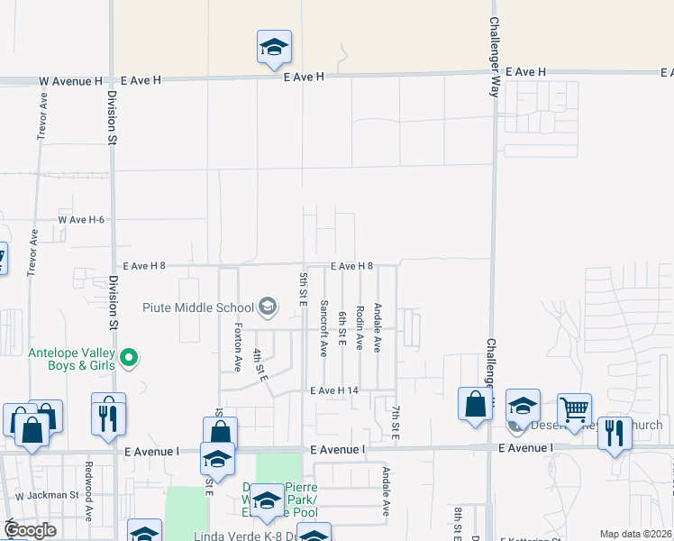 map of restaurants, bars, coffee shops, grocery stores, and more near 45581 6th Street East in Lancaster
